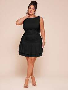 SHEIN BAE Plus Size Women Sleeveless Solid White Ruched Back Bow Decor Mini Dress - Black - View 4