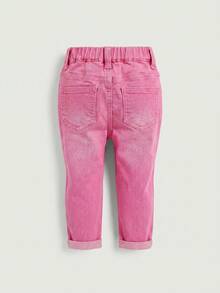 SHEIN Bubblio Quần jean denim rách dáng casual đa năng cho bé gái, có túi và cúc, thích hợp mặc hàng ngày. - Hồng - Xem 2