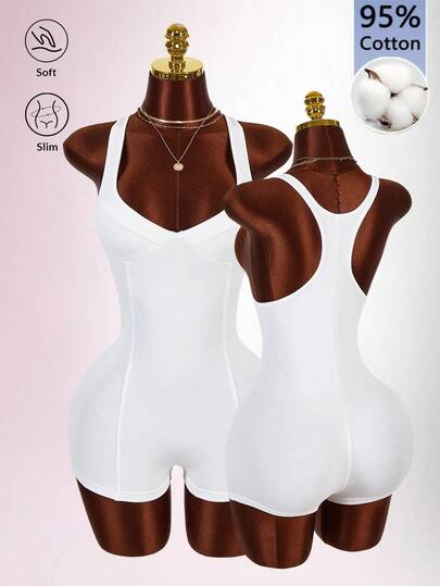 Amplova Y2K Women's Sexy Solid Color Deep V-Neck Backless Bodysuit, Sleepwear, Spring Outfit, Valentine's Day Outfit, Party Jumpsuit, Backless Sleeveless V-Neck Bodysuit, Sexy, White Sexy, Built-In Bra, White Sleepwear, White Bodysuit