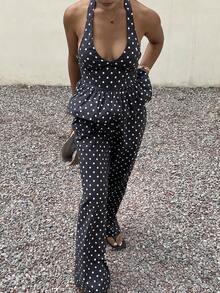 DAZY Conjunto de 2 piezas de top de tirantes con estampado de lunares y pantalones cortos de verano casual para mujer - Azul - Ver 2