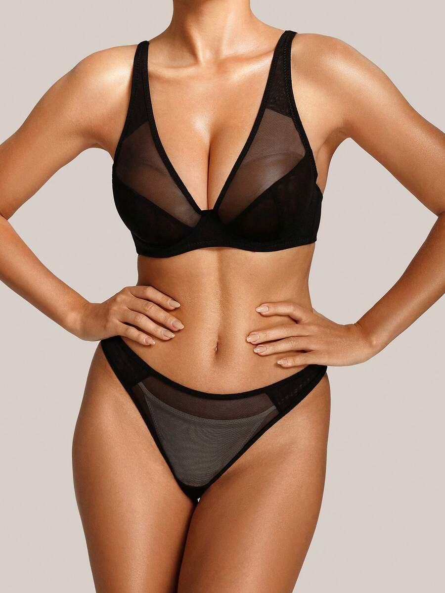 2pcs Women's Minimalist Comfortable Wire-Free Bra Set - Black - View 1