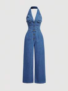 SHEIN MOD MOD 女款牛仔吊帶連身褲，甜美掛脖長腿 Mom 版，復古 70 年代休閒寬鬆，性感日常外出穿搭，藍色夏季聖誕風 - 中等水洗藍 - 查看 1