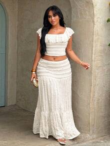 Rustia Conjunto de 2 piezas estilo francés chic blanco para verano, top corto con volantes + vestido casual versátil, estilo sexy de ocio, adecuado para vacaciones de verano - Blanco - Ver 3