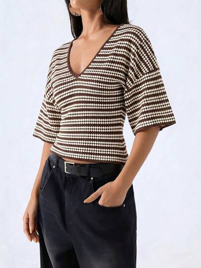 LYSMO Women's Brown Stripe Deep V-Neck T-Shirt,Summer Casual Brunch Top,Elegant Fashionable Striped Short Sleeve Shirt For Commuting Everyday Home Wear