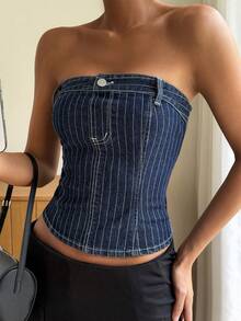 Livesso Áo hai dây denim kẻ sọc cài nút dáng casual dành cho nữ, đa năng cho mặc hàng ngày. - Rửa tối - Xem 9