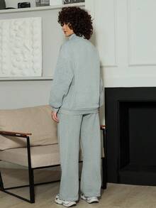 Xuxu's by Gio Oversized Half-Zip Stand Collar Drop Shoulder Long Sleeve Hoodie + Casual Straight Leg Pants Winter - Grey - View 2