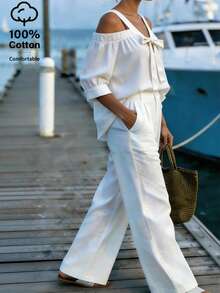 EMERY ROSE Women's Solid Color Off-Shoulder Tie Front Shirt And Pants Casual 2-Piece Set - White - View 6
