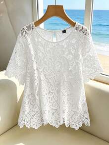 GlowEve CURVE White,Summer,Elegant,Party,Holiday Plus-Size Women's Hollowed-Out Lace Water-Soluble Flower Tops,European And American Style Loose Fashion - White - View 1