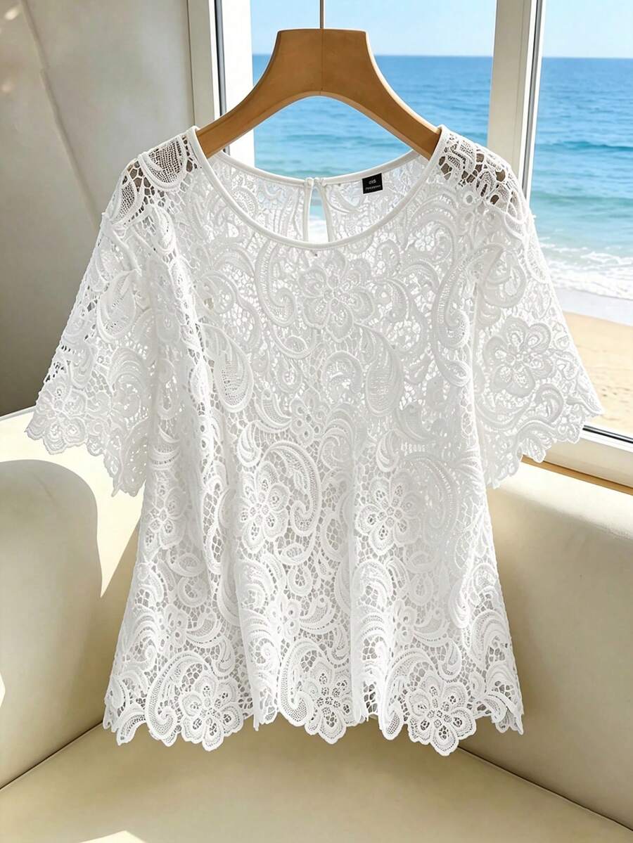 GlowEve CURVE White,Summer,Elegant,Party,Holiday Plus-Size Women's Hollowed-Out Lace Water-Soluble Flower Tops,European And American Style Loose Fashion - White - View 1