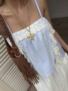 Livesso Women's Lace Patchwork Ruffle Casual Versatile Daily Wear Camisole Top Summer - Blue - View 5