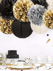 33pcs Black, Gold, Silver And Whit, Paper Flower Ball, Lantern,Party Decorations - multicolor - View 3