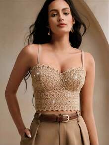 Anewsta Elegant French Lace Rhinestone Embellished Fitted Camisole, Sexy Open Back Spaghetti Strap Top - Apricot - View 6
