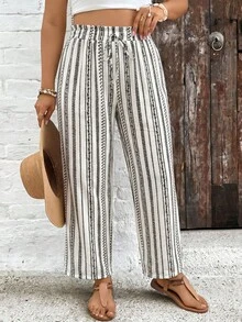 SHEIN VCAY Quần ống rộng kẻ sọc phong cách Bohemian dành cho nữ cỡ lớn, có dây rút ở eo và gấu quần xếp ly. - trắng - Xem 3