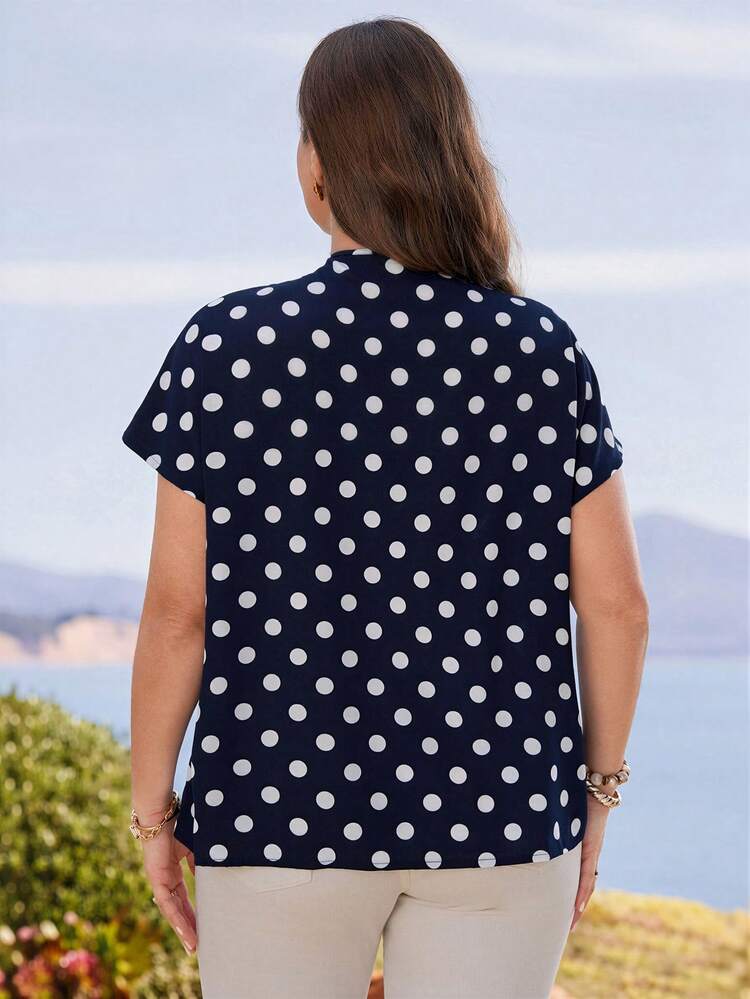 Plus Size Women's Summer Casual Vacation Country Navy Blue Polka Dot Short Sleeve Blouse Shirt Top, Suitable For Summer Vacation,Casual Holiday Style,Summer Outfits For Women ,Vacation Outfits Women ,Holiday Outfits For Women,Going Out Outfits, New Clothes,Simple And Fashionable For Everyday Wear,Suitable For Summer, Vacation, Daily Wear, Festival Outfits For Women,Country Concert Outfit,Beach Outfits For Women,Western Style,Boho Shirt