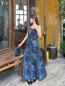 DAZY Vestido vaquero largo de línea A con estampado floral completo, tirantes finos y textura en la cintura, elegante y casual, para mujer. Vestidos de verano para mujeres - Azul - Ver 3