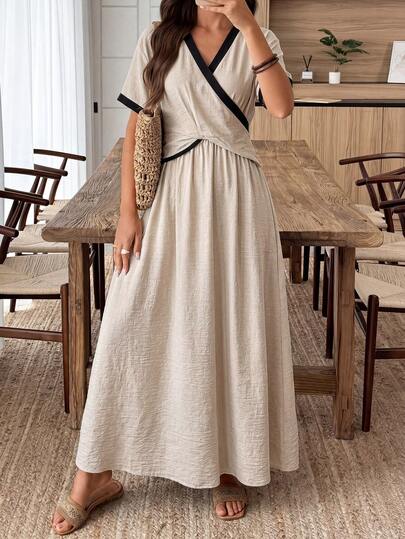 Louniche Women's Contrast Trim V Neck Maxi Dress - Short Sleeve Twist Waist Casual Summer Beach Dress