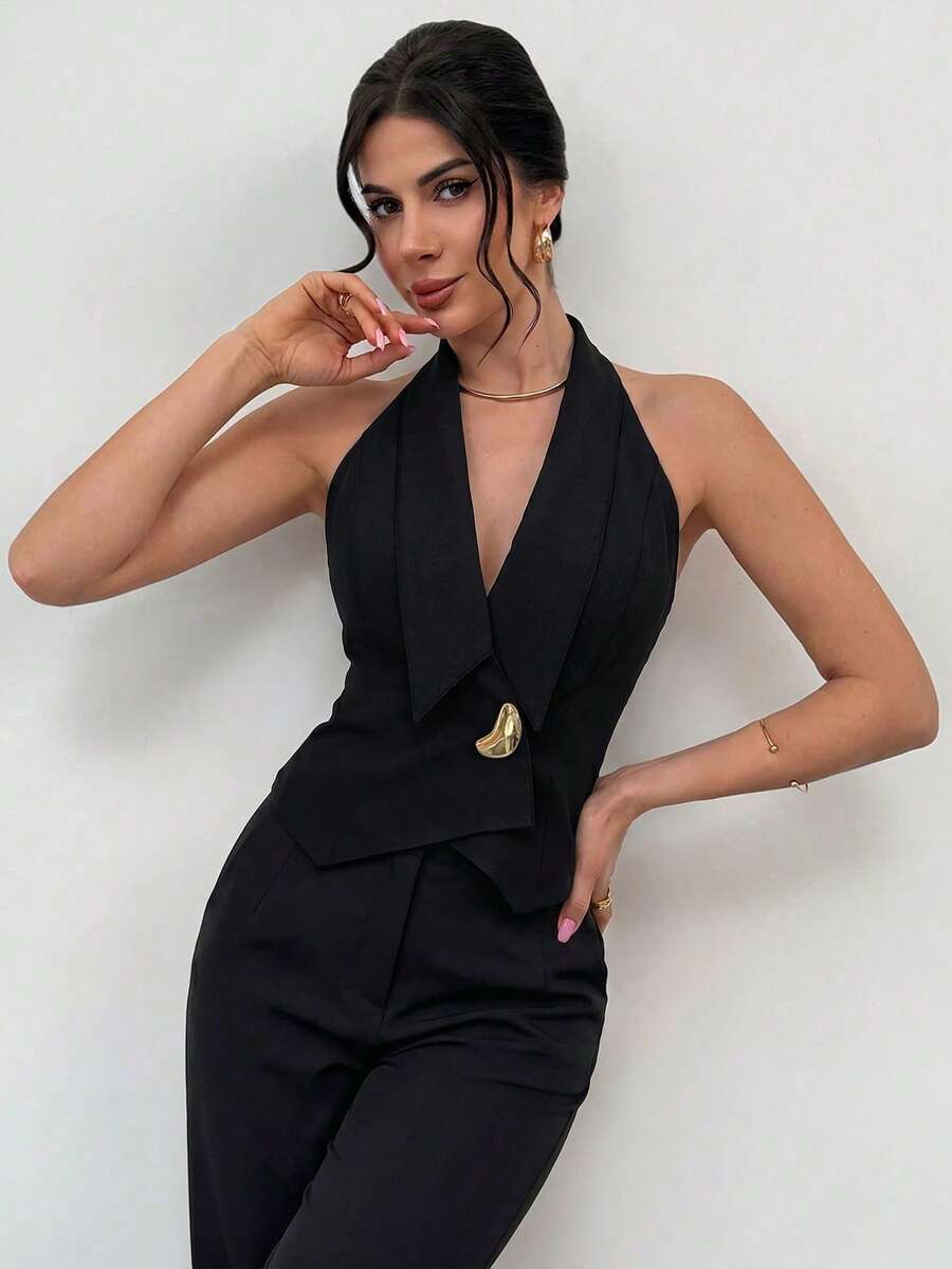 Firerie 女款黑色夏季優雅夜出不對稱領收腰無袖西裝背心,金屬鈕扣裝飾,英倫風休閒 - 黑色 - 查看 1