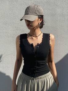 Dazy Star Lace Trim Button Front Tank Top Going Out Tops - Black - View 8