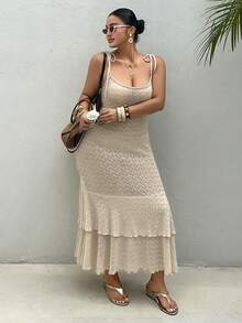 Dazy Plus Plus Size Women's Sheer Textured Vacation Beach Tight-Fitting Ruffle Hem Dress, Spring/Summer Sundress - Apricot - View 8