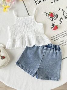 Baby Girls' Sleeveless Ruffled Strawberry Decor T-Shirt Set, Summer - White - View 2