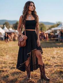 SHEIN LUNE Women's Pastal Autumn Boho Laced Vacation Skirt, Asymmetric Ruffle Hem Lace Trim A-Line Waist Cinching Linen-Like Elegant Graduation Golf - Black - View 3