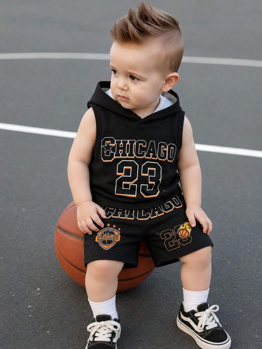 SHEIN 2件套幼儿男童春夏个性街头风纯色“NYC”字母压纹无袖连帽T恤和纯色弹力腰针织短裤,百搭套装,适合6个月至3岁的宝宝。 - 彩色 - 查看 1