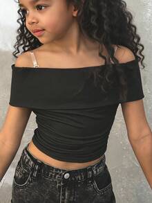 SHEIN Jeune fille T-shirt décontracté à épaules dénudées de couleur unie - Noir - Voir 2