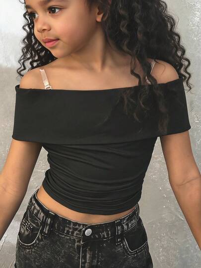 SHEIN Young Girl Solid Color Off Shoulder Casual T-Shirt
