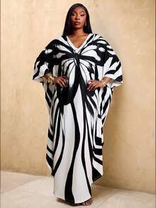 Radiana Plus Size Women's Autumn Boho Sailor Tropical Elegant All White Dress, Casual Vacation One-Piece For Island Holiday, Cruise Travel, Al-Adha Wedding - Black and White - View 5