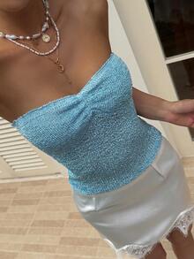 Livesso Blusa de punto de tubo con pliegues en el pecho, unicolor, de moda para mujer en verano - Azul menta - Ver 1