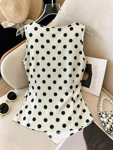 SHEIN Franclia Áo hai dây nữ chấm bi thiết kế bất đối xứng thắt nơ, thích hợp cho mùa hè. - Màu be - Xem 2