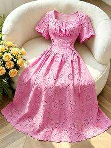 Modelyn Rosa besticktes Kleid mit Bindegürtel, Frühling/Sommer - Pink - Übersicht 6