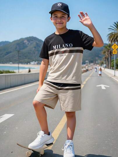SHEIN 2 piezas Conjunto de camiseta de manga corta y pantalones cortos de estilo casual con bloques de color contrastante para niños preadolescentes, estilo Y2K, SS26, adecuado para primavera/verano, salidas, San Valentín, citas, viajes, vacaciones, reuniones familiares, vuelta al colegio, bodas, fiestas, deportes, cumpleaños