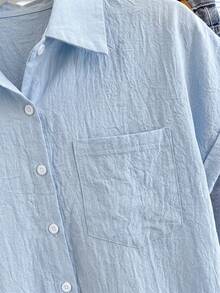 SHEIN Franclia 女士新款春夏蓝色100%纯棉宽松休闲衬衫，带口袋，适合日常、度假、海滩、办公室、工作、优雅场合、通勤等。 - 藍色 - 查看 3