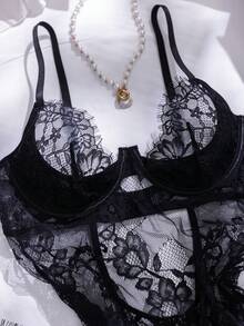 Crystal Vow 2pcs Lace Underwire Sheer Sexy Nightgown Set - Black - View 3