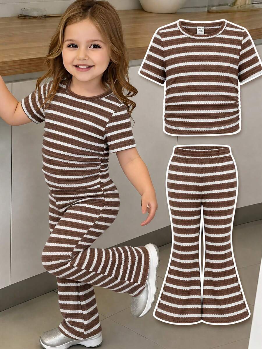 Conjunto informal de niña bebé de camiseta a rayas y pantalones acampanados, adecuado para el verano - Blanco - Ver 1