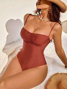 Shapewave Women's Solid Color Ruched One-Piece Swimsuit For Vacation - Brown - View 3
