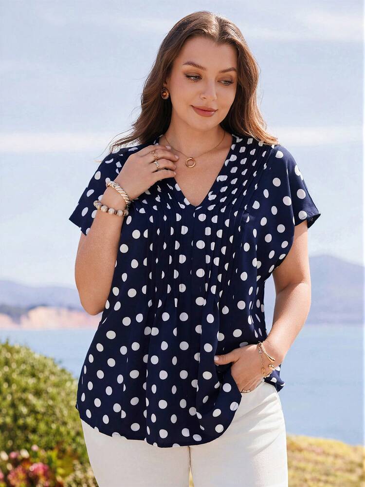 Plus Size Women's Summer Casual Vacation Country Navy Blue Polka Dot Short Sleeve Blouse Shirt Top, Suitable For Summer Vacation,Casual Holiday Style,Summer Outfits For Women ,Vacation Outfits Women ,Holiday Outfits For Women,Going Out Outfits, New Clothes,Simple And Fashionable For Everyday Wear,Suitable For Summer, Vacation, Daily Wear, Festival Outfits For Women,Country Concert Outfit,Beach Outfits For Women,Western Style,Boho Shirt