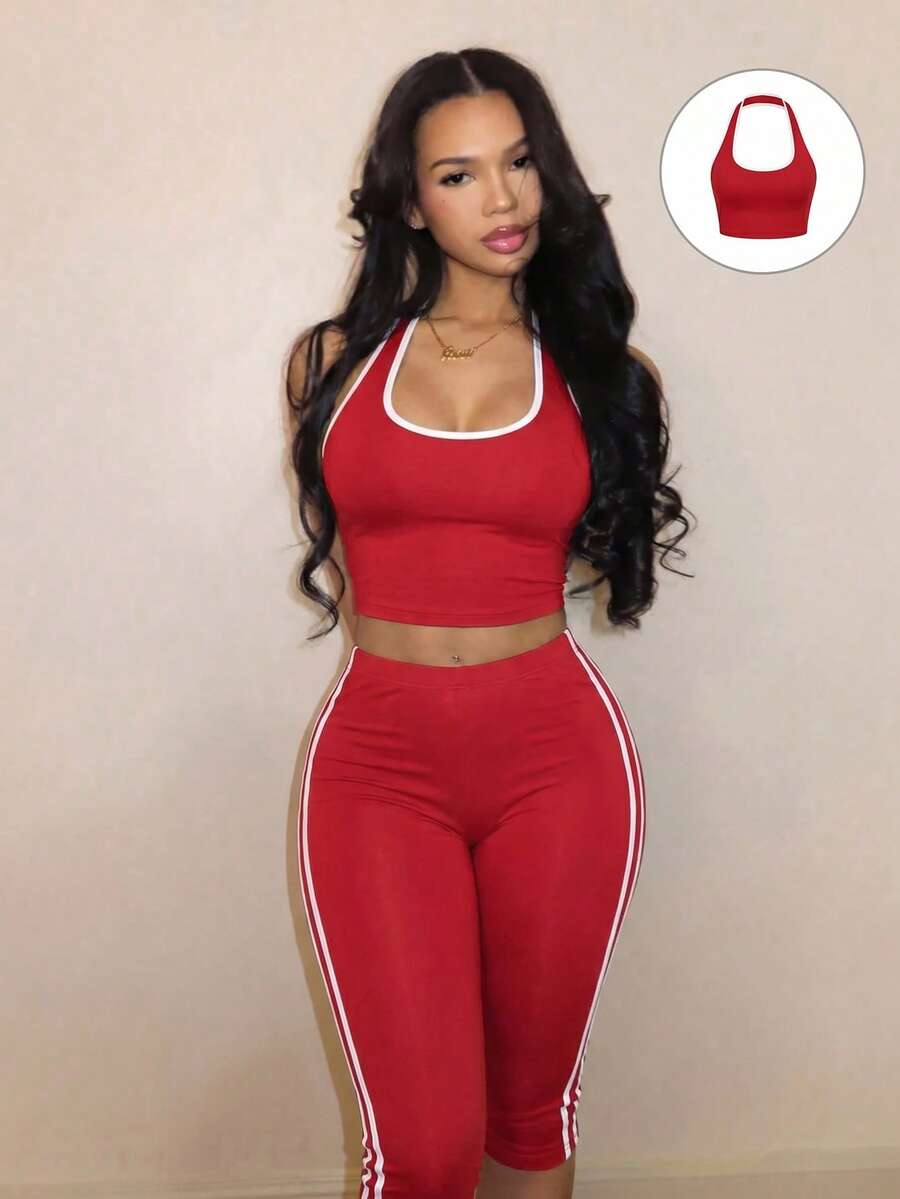 SHEIN BamGlam 女士运动装春夏露背上衣和裤子套装，适合音乐节、情人节、复活节等休闲场合，简约基础款 - 紅色 - 查看 1