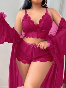 SHEIN 3pcs Set: Lace Trim Camisole Shorts + Floral Trim Wide Sleeve Mesh Robe, Plus Size - Hot Pink - View 4