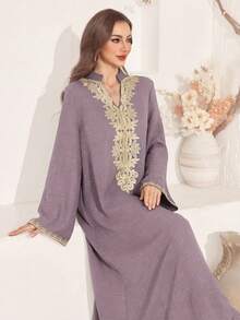 Al Najma Gaun Kerah Tegak dengan Bordir Motif Bunga, Gaya Elegan - Dusty Purple - View 6