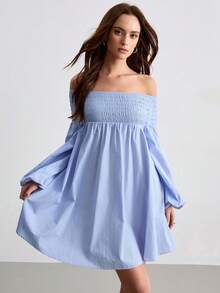 CielaLinda Robe mini à manches longues et épaules dénudées pour femmes - Bleu azur - Voir 4