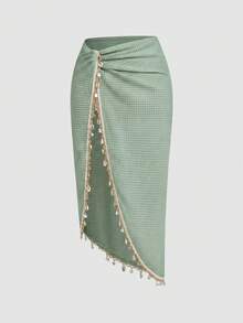 ROMWE Y2K Vacation Retro Style Shell Decor Twist Asymmetric Hem Wrap Women Skirt - Green - View 6
