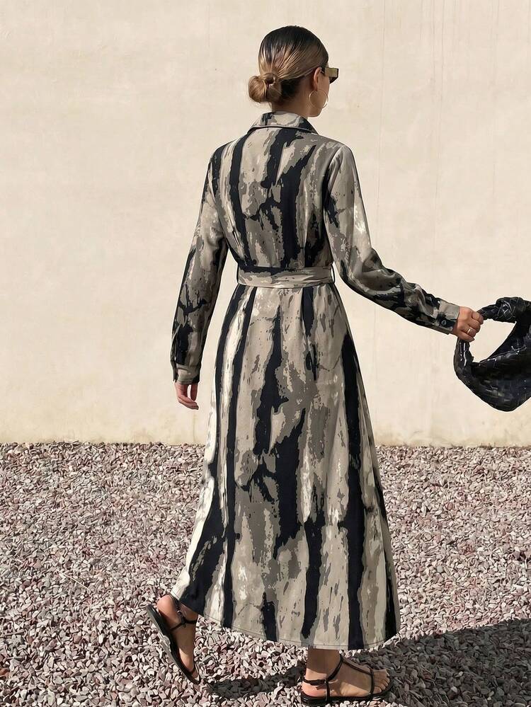 Spring & Summer Shirt Collar Long Sleeve Elegant Shirt Dress, New Arrival Flowy Mid-Length Belted Dress, Ink Gradient Casual Midi Dress For Women