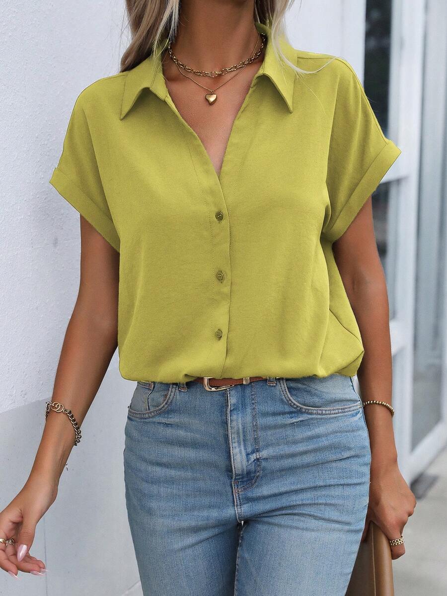 EMERY ROSE Women's Solid Color Single-Breasted Casual Versatile Daily Wear Shirt - Lime Green - View 1