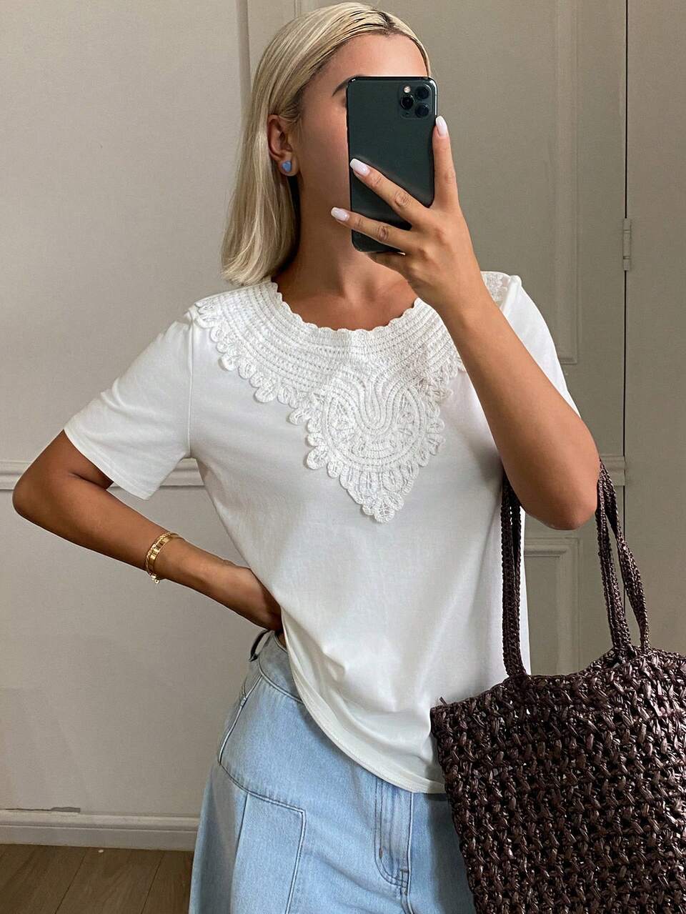 Women's Summer Round Neck Loose Lace Patchwork Casual T-Shirt