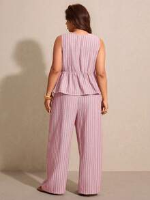 Elaquor Plus Size Casual Vacation Striped Sleeveless A-Line Shirt And Straight Leg Casual Pants 2 Pieces Set - Pink - View 3