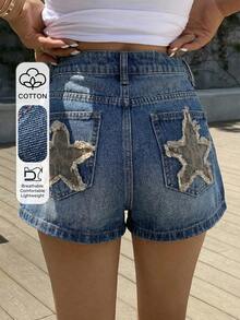 DAZY Jeans de pierna recta para mujer con decoración de bolsillo con estrella, estilo casual de calle - Azul lavado medio - Ver 1