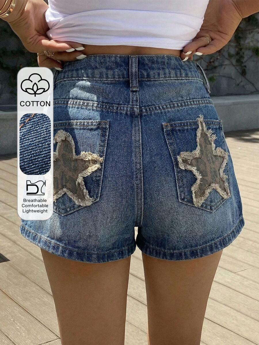 DAZY Jeans de pierna recta para mujer con decoración de bolsillo con estrella, estilo casual de calle - Azul lavado medio - Ver 1