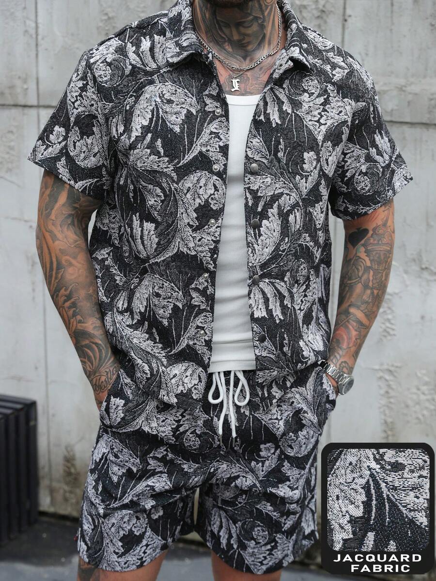 SLATEMANN Men's Jacquard Jacquard Woven Shirt And Shorts Set - Multicolor - View 1